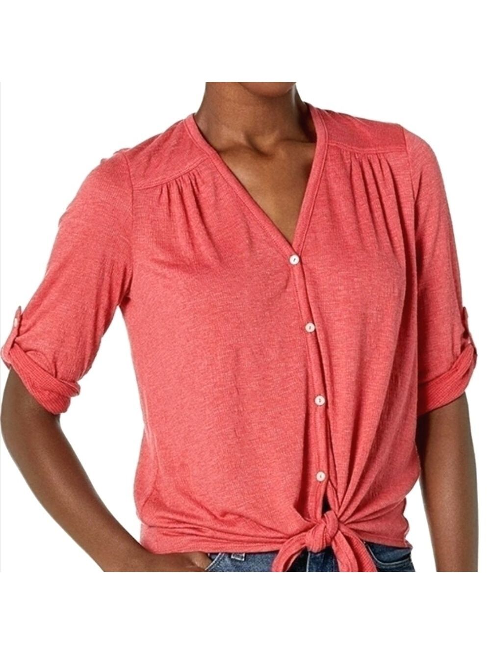 Max Studio Button Down V-Neck Blouse 3/4 Sleeve Waist Tie Lightweight Coral Pink